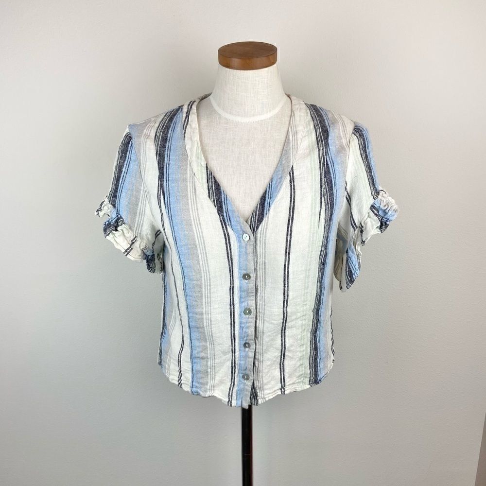 Drew Beverly Linen Button Down Ruffle Top